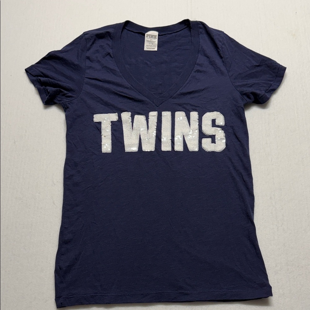 Pink Victoria’s Secret TWINS Navy V-Neck Tee with Sequin Lettering L